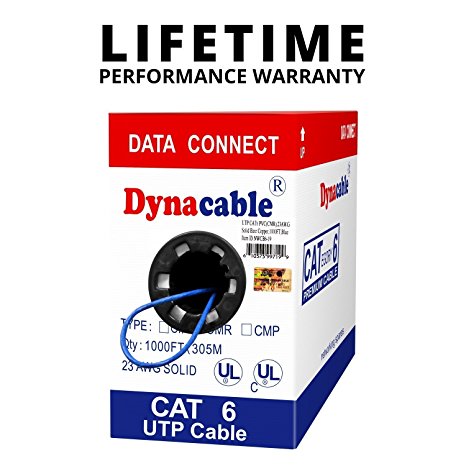 DynaCable® 1000FT 23AWG Cat6 550MHz UTP Solid, CM In-Wall Rated, UL-Listed, Heavy Duty Ethernet Bare Copper Cable, Blue