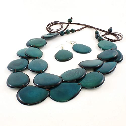 Teal Green Statement Necklace Set made of Tagua Nut, Double Layer Ethnic Artisan Jewelry for Women