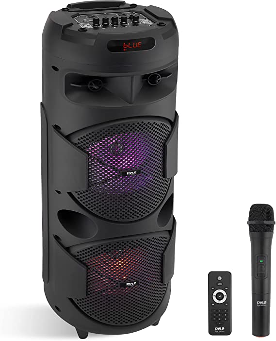 Pyle Portable Bluetooth PA Speaker-300W Dual 8" Rechargeable Indoor/Outdoor BT Karaoke Audio System-TWS, Party Lights, LED Display, FM/AUX/MP3/USB, 6.5mm in, Carry Handle-Wireless Mic, Remote Control