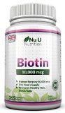 Biotin Hair Growth Supplement 365 Tablets Full Year Supply - 100 MONEY BACK GUARANTEE - Nu U High Strength Biotin 10000 mcg Vitamin B7 for Healthy Hair Nails and Skin - Suitable For Vegetarians - Double Strength of 5000 MCG competitors