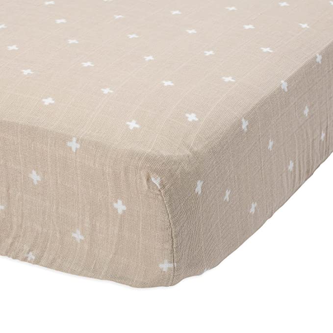 Little Unicorn All-Cotton Muslin Fitted Sheet- 52”x 28”x 9”- 100% Cotton – Machine Washable – Lightweight & Breathable – Playful Designs – Nursery, Crib, Bed – for Boys & Girls (Taupe Cross)