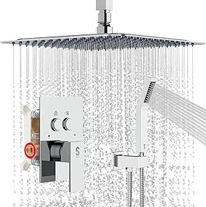 SR SUN RISE Ceiling Mounted Shower System with Push Button Diverter, Luxury 12 Inch Rain Shower Head with Handheld Spray, High Pressure Shower Faucet Combo Set with Rough-in Valve, Polished Chrome