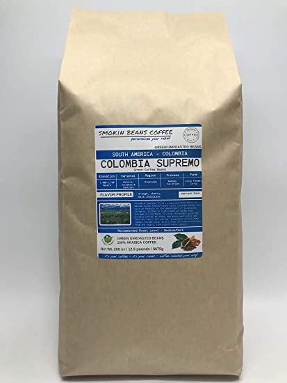 12.5 Pounds – South American - Colombia Supremo – Unroasted Arabica Green Coffee Beans – Grown in Risaralda Region – Altitude 1400-1750M – Drying/Milling Process Is Washed/Sun Dried