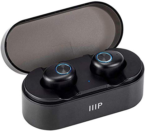 Monoprice True Wireless Plus Earphones with Wireless Charging Case - IPX5 Nano Waterproof Coating, Sweatproof, Bluetooth 5 with aptX, AAC, Mic, CVC 8.0, 8 Hour Playtime with Auto On/Off, Black