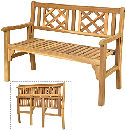 Giantex Patio Wooden Bench, 4 Ft Foldable Outdoor Acacia Garden Bench, Two Person Loveseat Chair Solid with Curved Backrest and Armrest Ideal for Patio, Porch or Balcony (Teak)