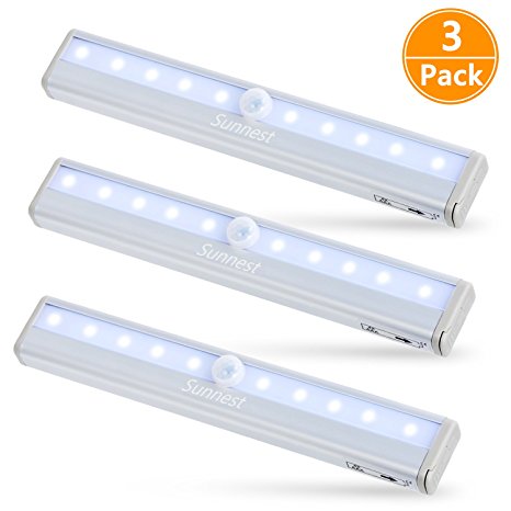 Sunnest 3 Pack Motion Sensor Closet Lights, Wireless LED Under Cabinet Lights, Stick-on Anywhere Battery Operated 10-LED Night Light Bar for Closet, Cabinet, Wardrobe, Stairs