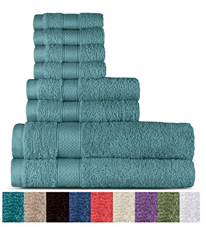100% Cotton 8 Piece Towel Set (Duck Egg); 2 Bath Towels, 2 Hand Towels and 4 Washcloths, Machine Washable, Super Soft by WELHOME