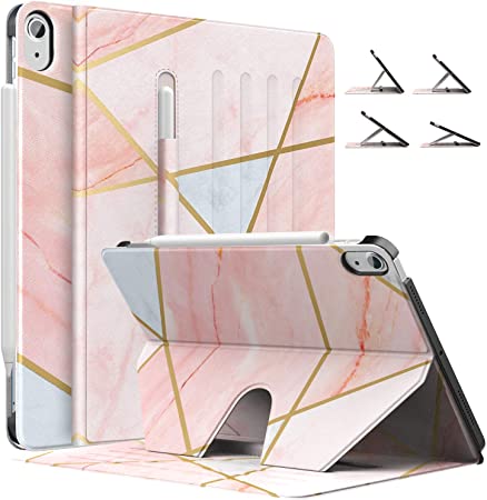 MoKo Case Fit iPad Air 4th Generation 2020 - New iPad Air 4 Case with Pencil Holder [Support Apple Pencil 2 Charging] Protective Cover for iPad 10.9", Multi-Angle Magnetic Stand, Geometric Marble Pink