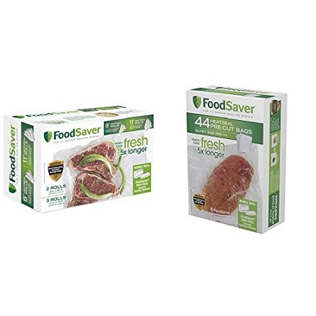 FoodSaver 8" & 11" Rolls with unique multi layer construction, BPA free, Multi-Pack & FoodSaver FSFSBF0226-FFP Bags with Unique Multi Layer Construction Vacuum Sealers, 44 Quart Size Bags, Clear