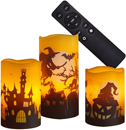 Halloween Flameless Candles with Remote Timer Real Wax Flickering Battery Operated LED Pillars with Decals Pumpkin Castle Bat Spider Black Cat Witch Ghost Tomb for Halloween Party Decorations 3 Pack