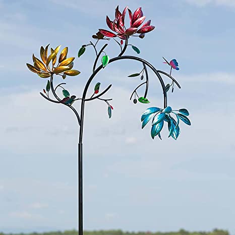 Vwlvrsco Large Metal Wind Spinner with Three Spinning Flowers and Butterflies Windmill Wind Sculpture, Wind Spinner for Outdoor Yard Garden Art Decoration