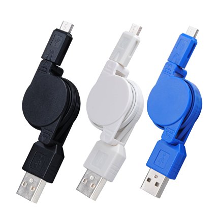 USB Retractable Cable, FiveBox Premium 3-Pack High Speed 2.5FT USB 2.0 A Male to Micro B Sync Data & Charge Cable for Android, Samsung Galaxy, HTC, LG, Sony, Blackberry and More Android Device