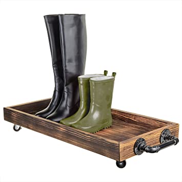 MyGift 30-Inch Rustic Wood Rolling Boot Tray with Metal Pipe Handles