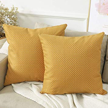Madizz Set of 2 Mid Century Modern Woven Linen Decorative Square Throw Pillow Covers Set Cushion Cases 18x18 inch Mustard Yellow and White