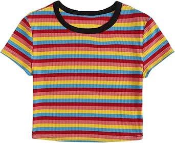 Milumia Women's Rainbow Striped Rib Knit Round Neck Short Sleeve Tee Tops