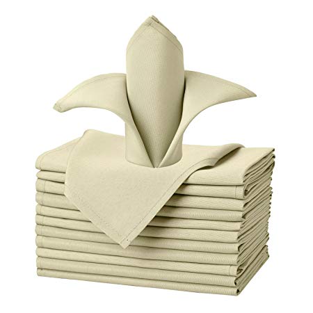 VEEYOO Cloth Napkins Oversized 20x20 inch - Set of 12 Pieces Solid Washable Polyester Dinner Napkins with Hemmed Edges for Wedding Party Restaurant, Beige Napkin