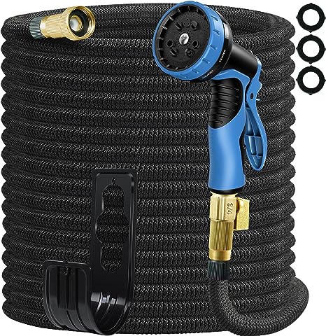 Garden Hose Expandable 100ft, Water Hose With 10 Function Spray Nozzle, Heavy Duty Garden Hose with 3/4" Solid Brass Connectors, Lightweight No-Kink Flexible Water Hose (Pure Black)