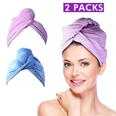 2 Pack Hair Towel Wrap Turban Microfiber Drying Bath Shower Head Towel with Buttons, Quick Magic Dryer, Dry Hair Hat, Wrapped Bath Cap By Duomishu