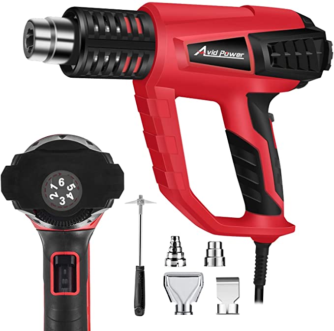 Heat Gun, Hot Air Gun 1500W with Variable Temperature 122℉-1022℉ with 3-Temp Settings, Four Nozzles and One Scraper for Crafts, Shrinking PVC, Stripping Paint, Avid Power