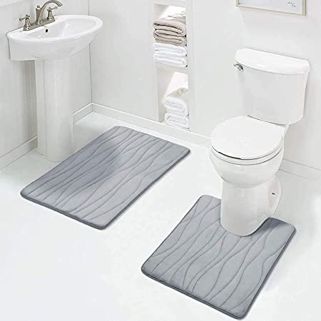 Memory Foam Bathroom Mat Sets 2 Piece - Non-Slip Bathroom Pedestal Mats and U-Shaped Toilet Pedestal Mats for Bathroom Floor (50x80cm 50x60cm,Grey)