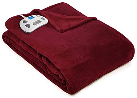 Pure Warmth 874270 Plush Electric Heated Warming Blanket Full Garnet Washable Auto Shut Off 10 Heat Settings