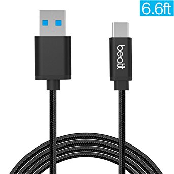 Beatit USB Type C Cable Nylon Braided USB C Cable Quick Charge and Data Sync 3.0A Current Full Speed USB C To USB 3.0 With Reversible Connector (Black 6.6ft)