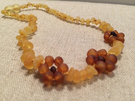 Raw Unpolished Lemon Flower Baltic Amber Teething Baby Necklace for Baby, Babies and Toddler Boy Girl Unisex Infant, and Toddlers will all benefit. Soothing with safety Screw Clasp. Anti-inflammatory, Reduction of Drooling, Red Cheeks, Teething Pain. Highest Quality, individually knotted Gorgeous gift for baby Help for some colic and reflux