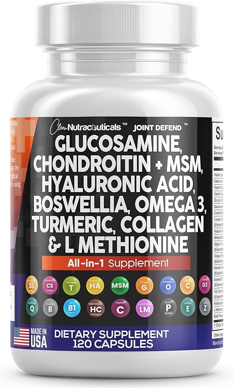 Clean Glucosamine Chondroitin MSM Turmeric Hyaluronic Acid Boswellia Collagen Tart Cherry - Joint Support Supplement Knee & Joint Relief Omega 3 Pills Ginger Quercetin Capsules - 120 Count Made in USA