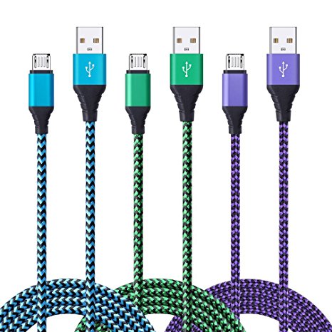 Android Charger Cable, FiveBox 3-Pack 6ft Micro USB Cable Cord Braided Fast Charging Phone Charger for Samsung Galaxy J3 J7 S6 S7 Edge, Tablet, LG stylo 2/3 LG G3 G4 V10 K20 Plus, Blu, kindle fire 7 8