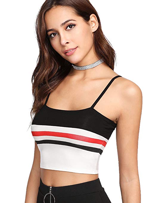 Romwe Women's Sexy Stretch Spaghetti Strap Striped Crop Cami Tank Top