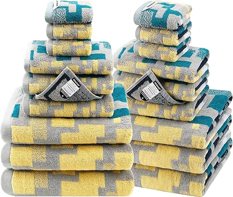 SEMAXE 18-Pack Bath Towel Set Include 6 Bath Towels, 6 Hand Towels, 6 Wash Cloths, 100% Cotton Bathroom Towels with Hanging Loops, Soft and Absorbent Towel, Colorful Towel - Checkered Series