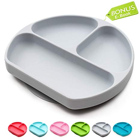Baby Dröm Suction Plates for Toddlers | Divided Silicone Baby Plate | All in 1 Toddler Plates and Bowls Fits Most Highchair Trays | Silicone Placemats for Babies | 8"x7.2"x1.3" Gray