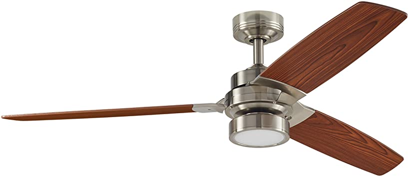 Amazon Brand – Rivet Modern Remote Control AC Motor Ceiling Flush Mount Fan with 18W LED Light - 52 x 52 x 7.6 Inches, Brushed Nickel with Maple Finish Blades