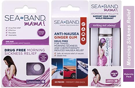 Sea-Band Mama! Maternity Kit That Includes: 1 Pair of Maternity Anti Nausea Morning Sickness Bands, Drug-Free Nausea Relief Ginger Lozenges, and an Aromatherapy Calming Rollette with Essential Oils