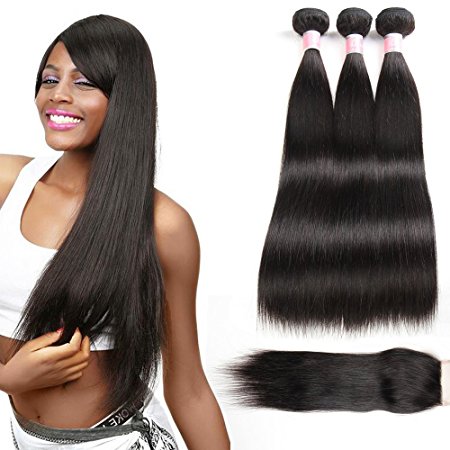7A Brazilian Virgin Hair, 3Bundles Straight Human Hair With Lace Closure Free Part, Natural Color Virgin Hair Weft (12 14 16with12)
