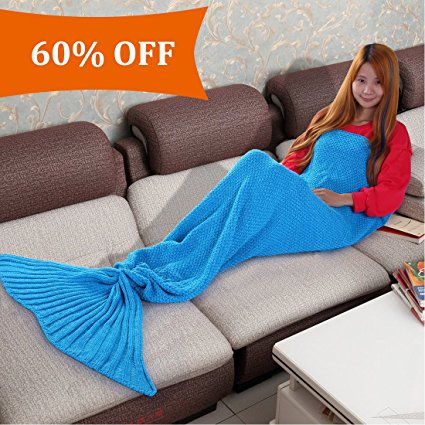 Balichun Knitted Mermaid Tail Blanket for Kids(Blue,23.6x55 inch)