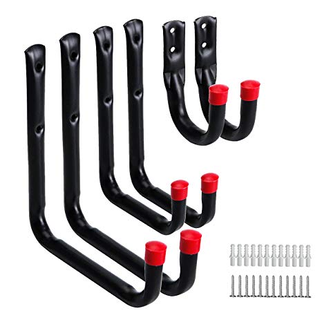 Heavy Duty Garage Hooks and Hangers Organizer - Wall Mount Garage Hanging Storage Utility Hooks for Ladders, Bike and Tools Black 6 Pack