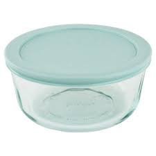 Pyrex Storage 4-Cup Round Dish with Powder-Blue Plastic Cover, Clear (Case of 4 Containers)