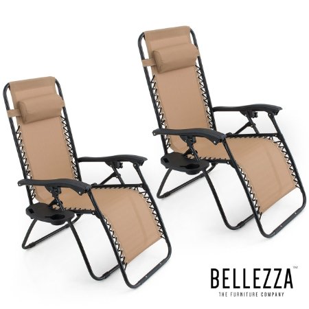 BELLEZZA© Zero Gravity Chairs Tan Lounge Patio Chairs Outdoor Yard Beach   Cup Holder (Set of 2)