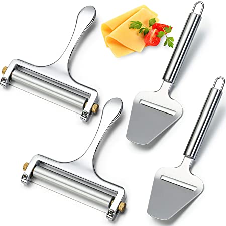 4 Pieces Cheese Cutter Adjustable Thickness Stainless Steel Wire Cheese Slicer with Cheese Plane Tool for Soft, Semi-Hard, Hard Cheeses Kitchen Cooking Tool, Silver