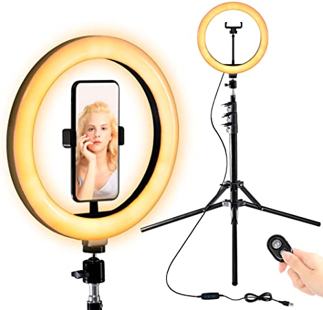 Selfie Ring Light 10" with Adjustable Tripod Stand & Phone Holder for Live Stream/Makeup,Dimmable Beauty Led Ringlight