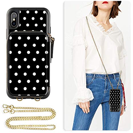ZVE iPhone X Wallet case, iPhone Xs Case with Credit Card Holder Slot Crossbody Chain Wristlet Handbag Purse Protective Zipper Leather Case Cover for Apple iPhone Xs and X, 5.8 inch - Polka Dots