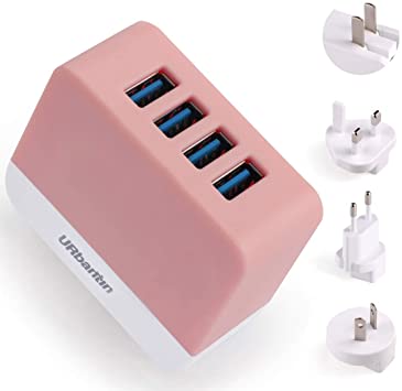 URbantin USB Plug International Charger, Wall Chargers with 4 USB Ports Interchangeable UK/EU/US/AU Mains Travel Adapter (Pink)