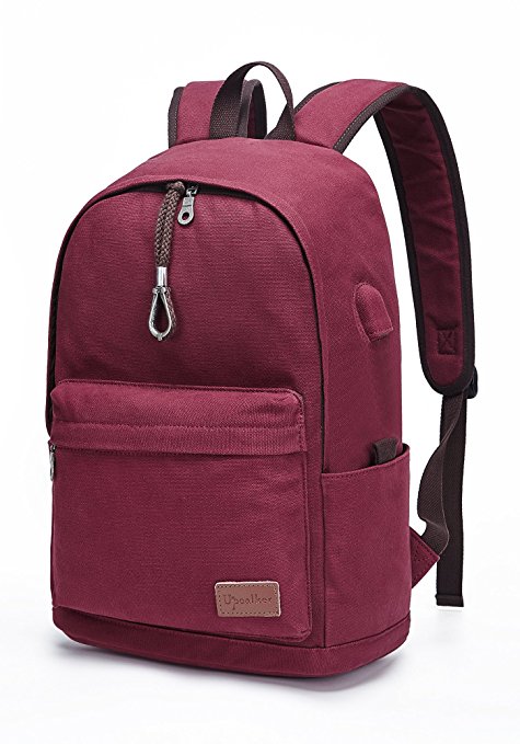 Upoalker Canvas Backpack with USB Charging Port for School Bookbag Travel Daypack for Fits up to 15.6 inch Laptop