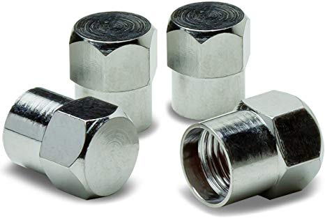 Hexagon Style Alloy Coated & Polished Aluminum Silver Chrome Tire Valve Stem Caps (Pack of 4)