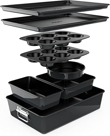 8-Piece Nonstick Stackable Bakeware Set - PFOA, PFOS, PTFE Free Baking Tray Set w/ Non-Stick Coating, 450°F Oven Safe, Round Cake, Loaf, Muffin, Wide/Square Pans, Cookie Sheet (Black)