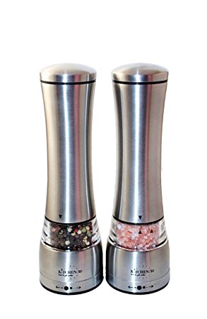 Salt and Pepper Grinder Set by Kitchen:30, Made with Stainless Steel and Ceramic Grinder Core, BPA Free, Tough Plexiglass, FDA Food Safe Certified - Set of 2
