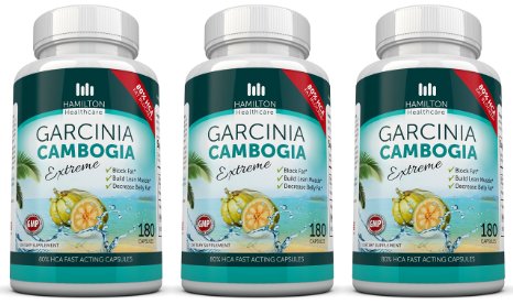 80% HCA Super Strength Garcinia Cambogia Extreme With No Calcium 3 X 180 Fast Acting Capsules. All Natural Appetite Suppressant and Weight Loss Supplement By Hamilton Healthcare 4500mg per Day