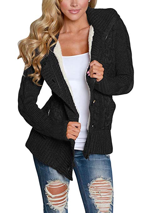 Asvivid Womens Hooded Cable Knit Button Down Outwear Fleece Sweater Cardigans Coats with Pockets