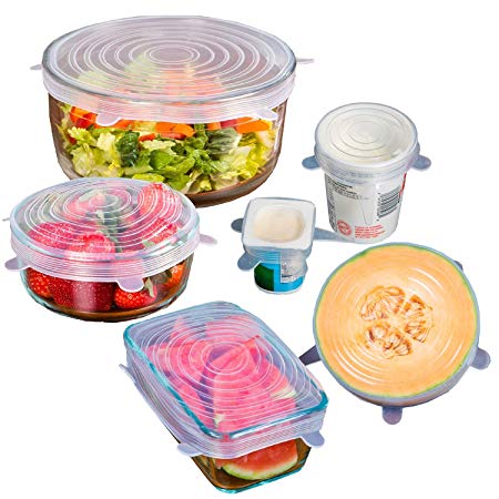 Wolecok Silicone Stretch Lids Cover (Multi Size 6 pack) - Reusable Food Seal Wrap For Various Sizes Shapes of Bowls (Clear)